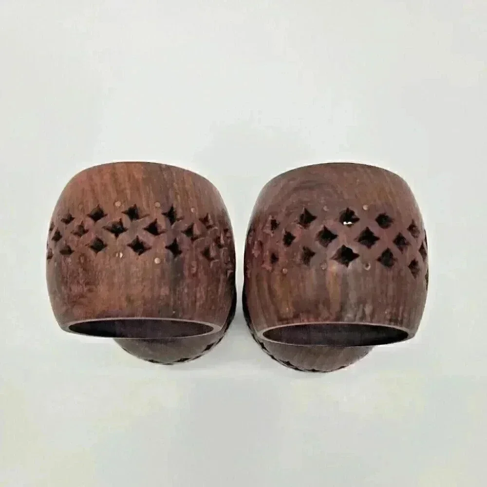 Vintage Teak Napkin Rings Set of 4 Diamond Lace Design